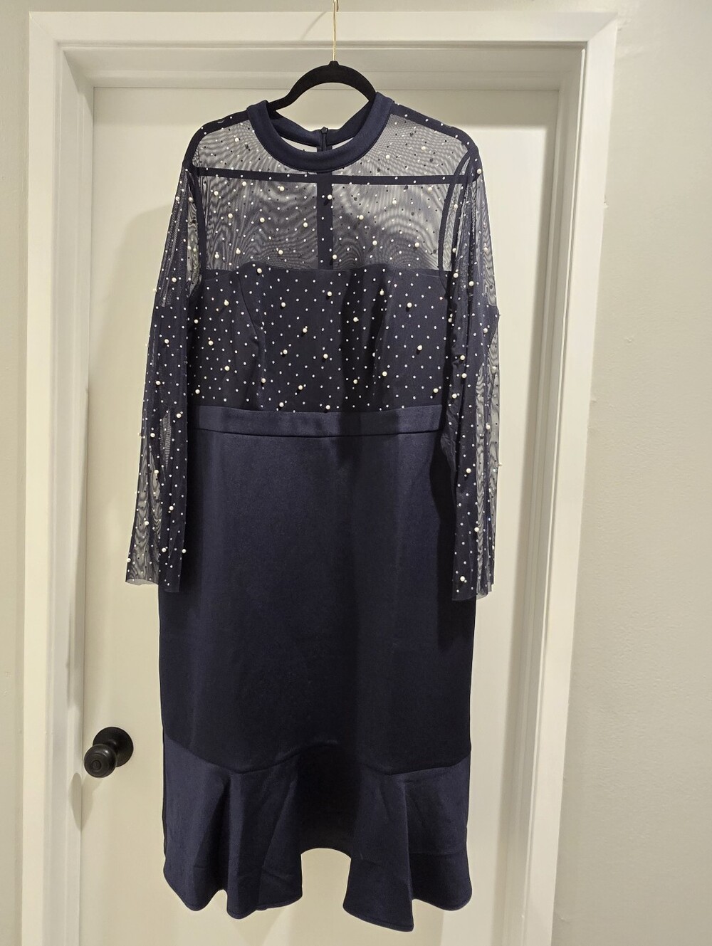 London Times Plus Size Long Sleeve Mock-Neck Faux Pearl Illusion Midi Dress Size